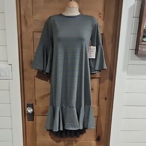 Striped Ruffle Sleeve Midi Dress in Blue-Green Lularoe Maurine  Sz Small
